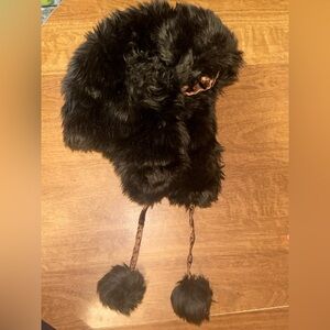 Kids Black Faux Fur Pom Pom Hat